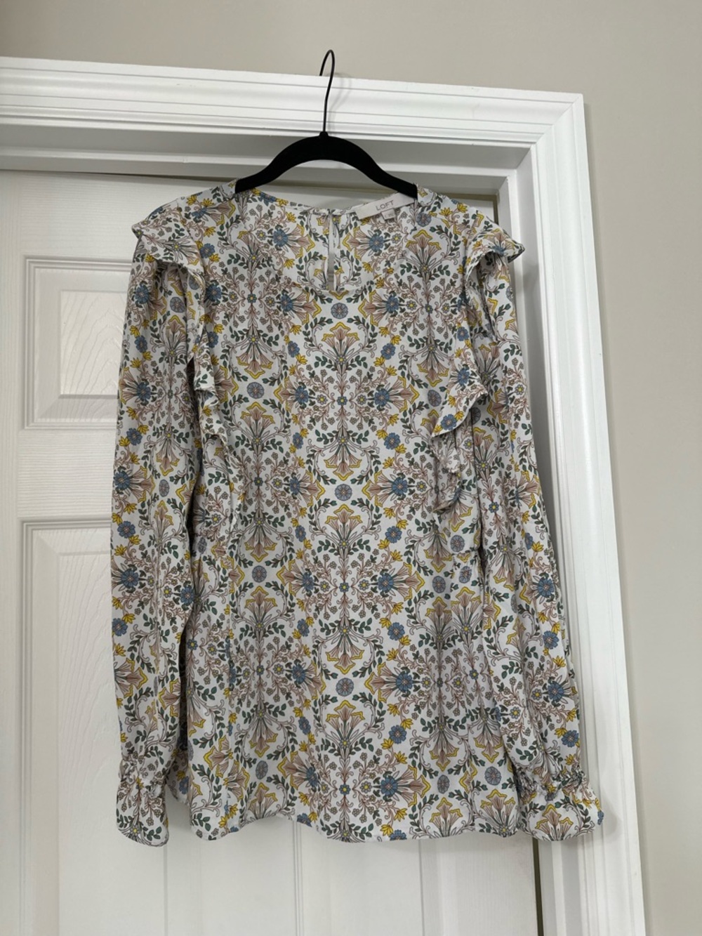 LOFT White Floral Ruffle Long-Sleeve Dress